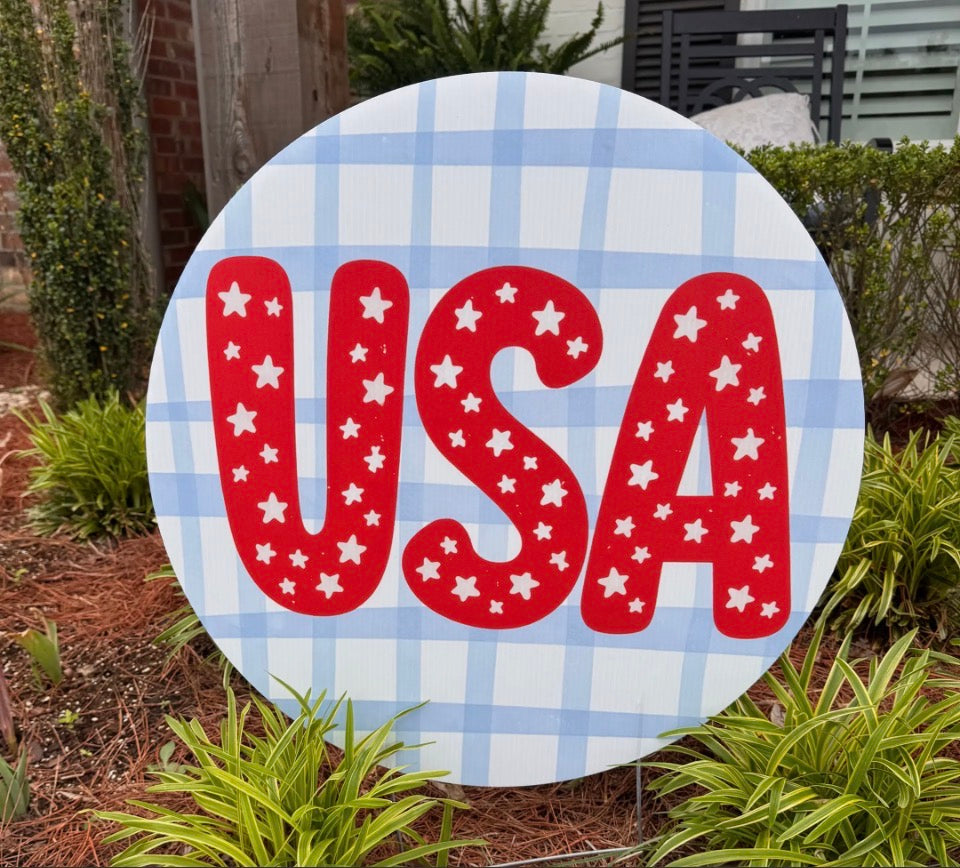 Patriotic Plaid Circle Yard Sign