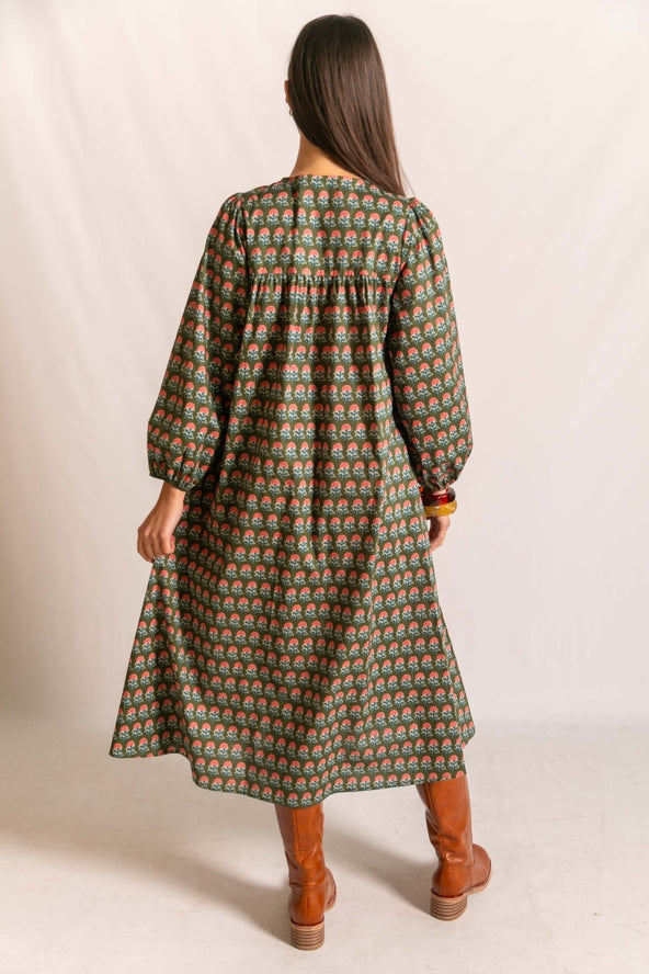 Olive Button Down Deep V-Neck Maxi Dress