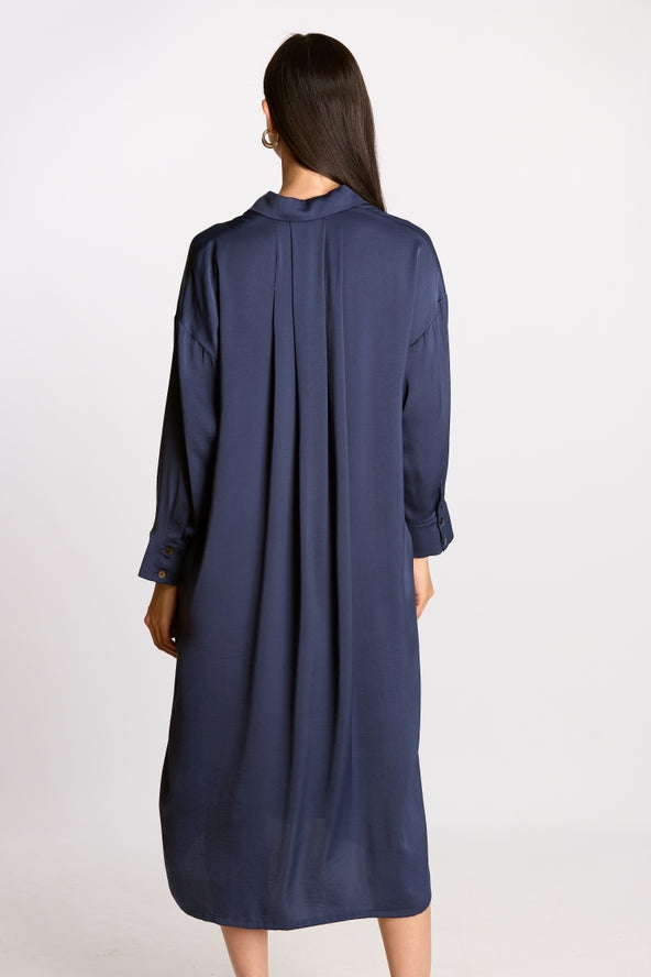 Navy Soft Sheen Satin Oversized Button Up Dress