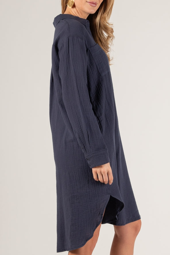 Navy Cotton Gauze Half Button Up Midi Shirt Dress