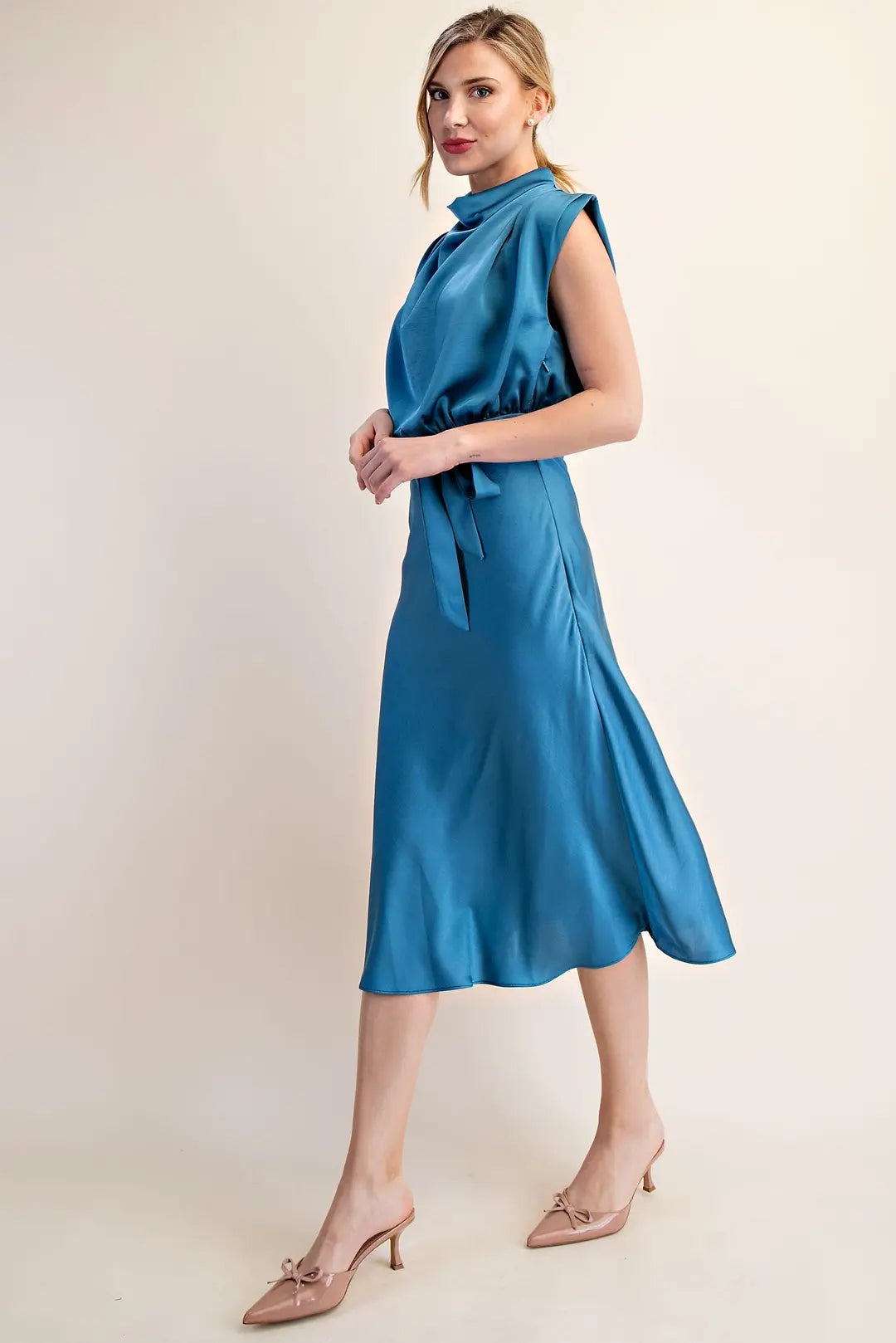 Satin Cowl Neck Midi Dress Blue