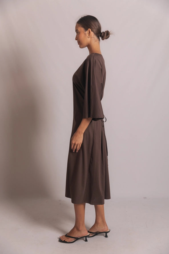 P. CILL Glazed Cotton V-Neck Dolman Sleeve Midi Dress
