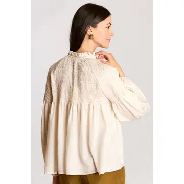 Cream Smocked Satin Balloon Sleeve Top