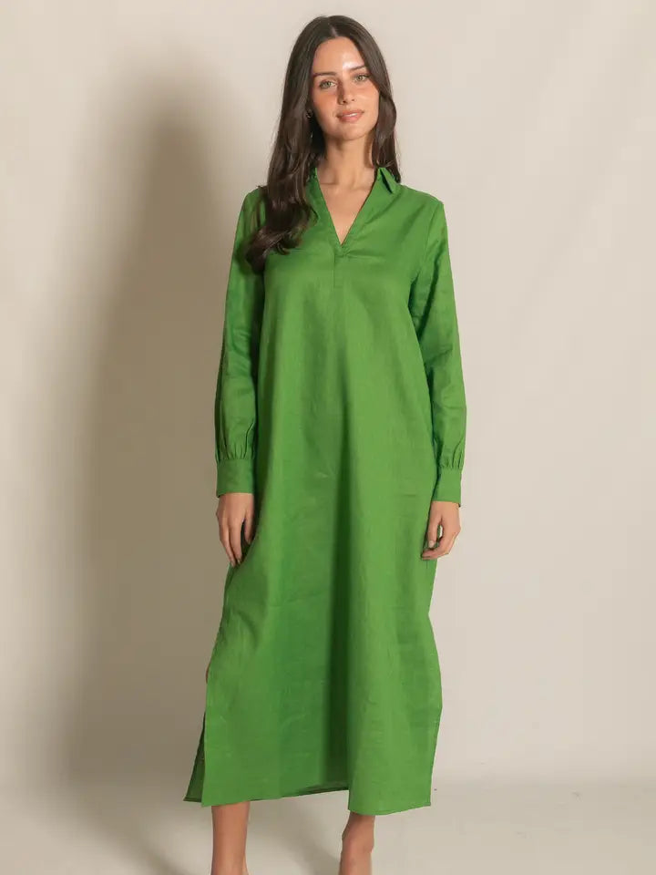Green Linen Collared Long Sleeve Dress