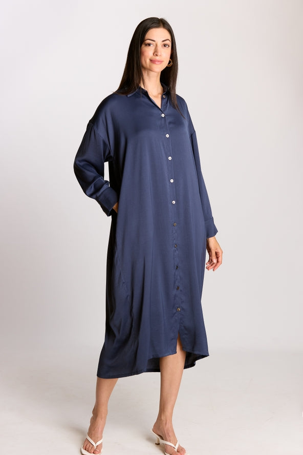 Navy Soft Sheen Satin Oversized Button Up Dress