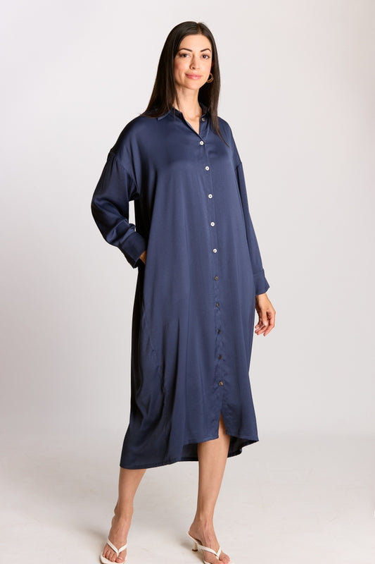 Navy Soft Sheen Satin Oversized Button Up Dress