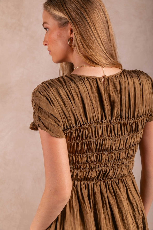 Olive Moss Puff Sleeve Smoked Midi Dress