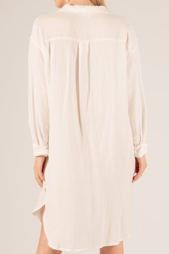 White Cotton Gauze Half Button Up Midi Shirt Dress