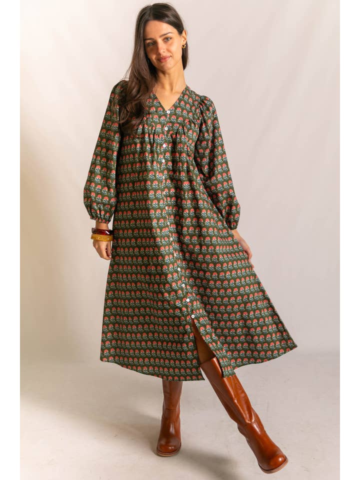 Olive Button Down Deep V-Neck Maxi Dress