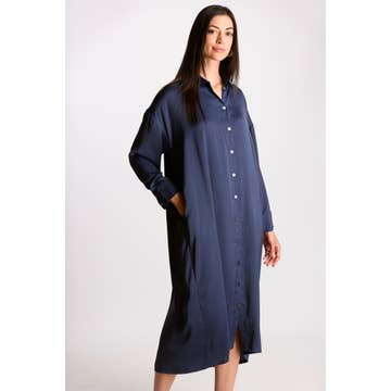 Navy Soft Sheen Satin Oversized Button Up Dress