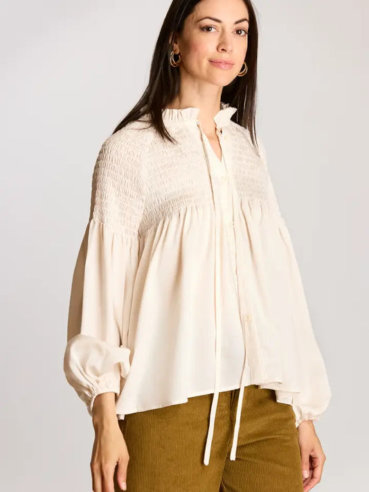 Cream Smocked Satin Balloon Sleeve Top