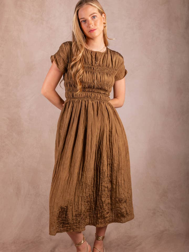 Olive Moss Puff Sleeve Smoked Midi Dress