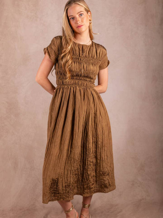 Olive Moss Puff Sleeve Smoked Midi Dress