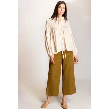 Cream Smocked Satin Balloon Sleeve Top