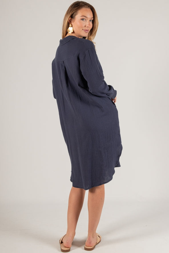 Navy Cotton Gauze Half Button Up Midi Shirt Dress