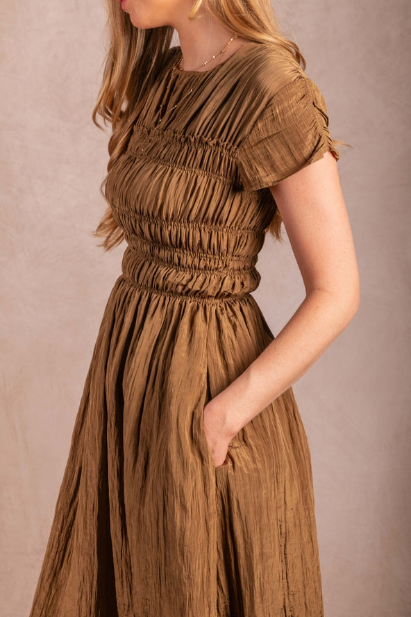 Olive Moss Puff Sleeve Smoked Midi Dress