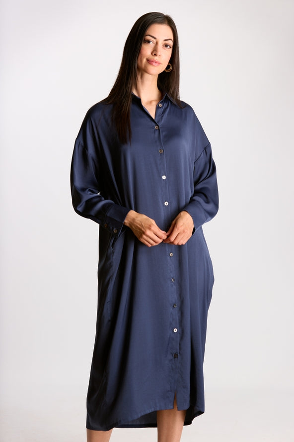 Navy Soft Sheen Satin Oversized Button Up Dress