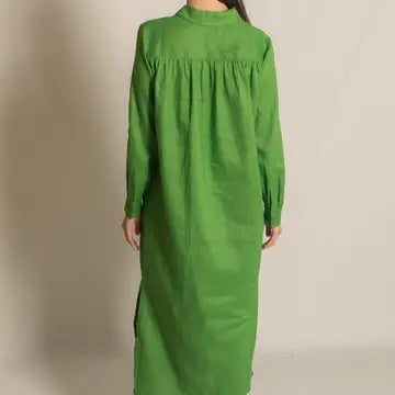 Green Linen Collared Long Sleeve Dress