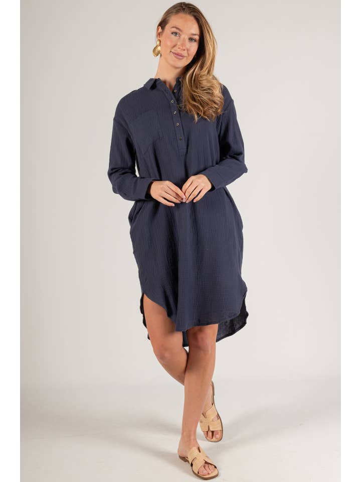 Navy Cotton Gauze Half Button Up Midi Shirt Dress