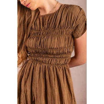 Olive Moss Puff Sleeve Smoked Midi Dress