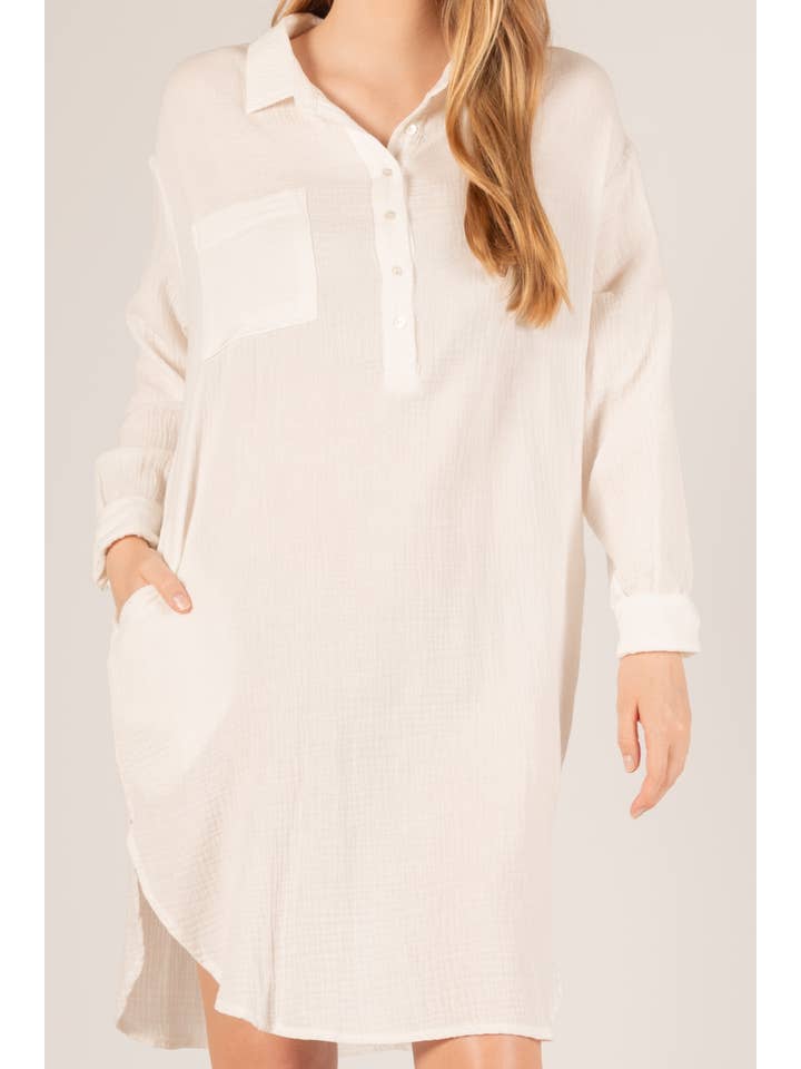 White Cotton Gauze Half Button Up Midi Shirt Dress