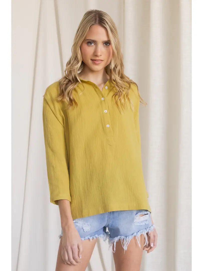 Yellow Gauze Dolman Sleeve Front Button Up