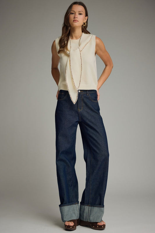 Cream Sweater Tank w/ Scarf Tie