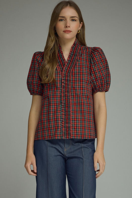 Plaid Short Puff Sleeve Top