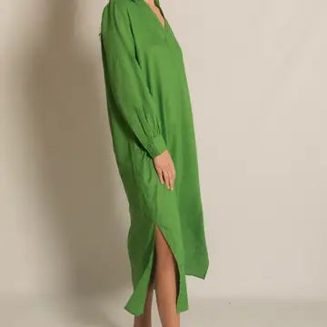 Green Linen Collared Long Sleeve Dress